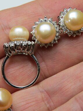 "St. Silver 10mm Cultured Pearl & Diamond Necklace Ring & Earring Set "